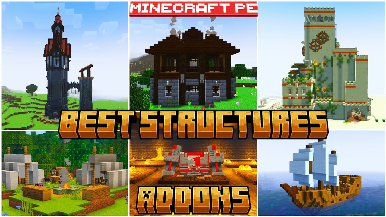 🥇TOP 5 STRUCTURES🏰 and DUNGEONS🏯 ADDONS for BEDROCK | MINECRAFT PE +1.21 #addons