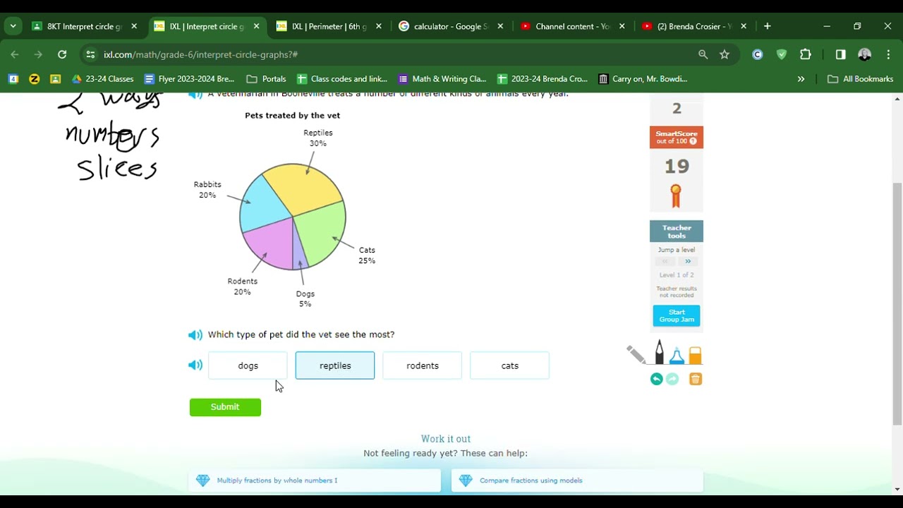 JD teaches IXL - 8KT - 6th II.14 Interpret circle graphs