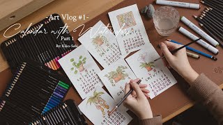 Art Vlog #1 | Creating Monthly Calendar with Watercolor Pencils & Copic Markers | Draw with Me