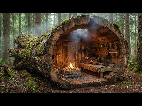 7 Days of Survival in the Rainforest. Build a Complete Shelter in a Giant Fallen Tree Trunk