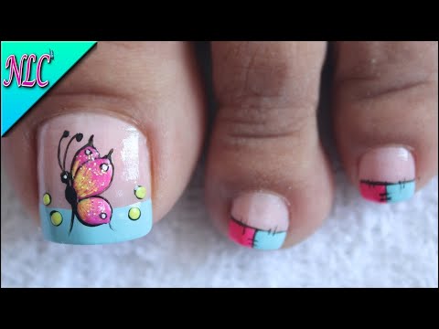 DISEÑO DE UÑAS PARA PIES MARIPOSA Y FRANCES – BUTTERFLY NAIL ART – FRENCH NAIL ART – NLC