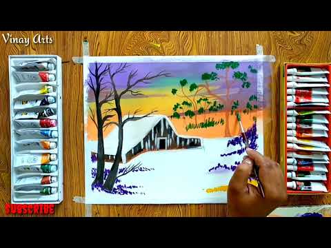 Christmas Winter painting Sunset For Beginners Step By Step Acrylic Painting Tutorial