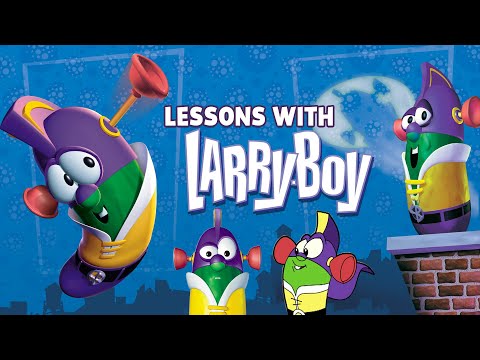 Animated title screen with four LarryBoy characters against a blue cityscape and the bold text 'Lessons with LarryBoy'.