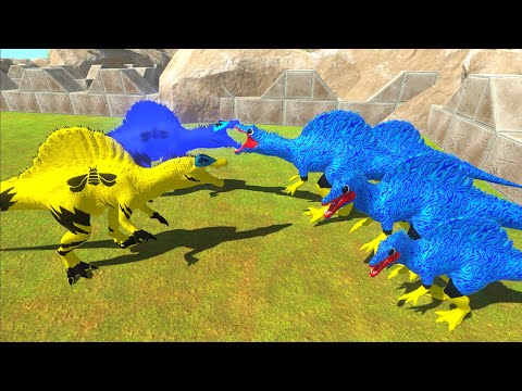 HUGGY WUGGY SPINO FAMILY VS 2X BUMBLEBEE SPINO VS BATMAN T-REX - Animal Revolt Battle Simulator