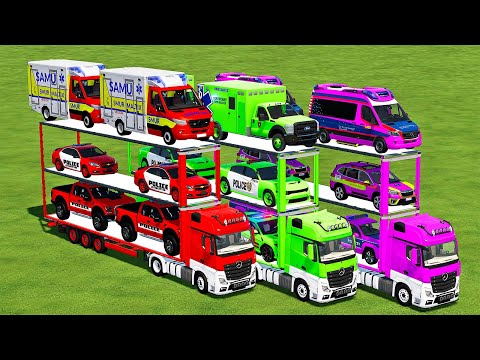 TRANSPORTING POLICE CARS & EMERGENCY AMBULANCE WITH MERCEDES TRUCKS! Farming Simulator 22