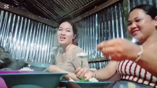 My younger sister and I are cooking for my mother and we are eating.