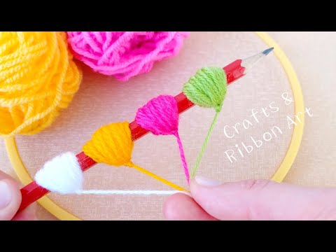 Super Easy Woolen Flower Making Trick Using Pencil - Hand Embroidery Amazing Flower Design