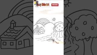 Scenery Drawing & Coloring 🌈🏡 | Easy Drawing for Kids  #shorts #SceneryDrawing #viral