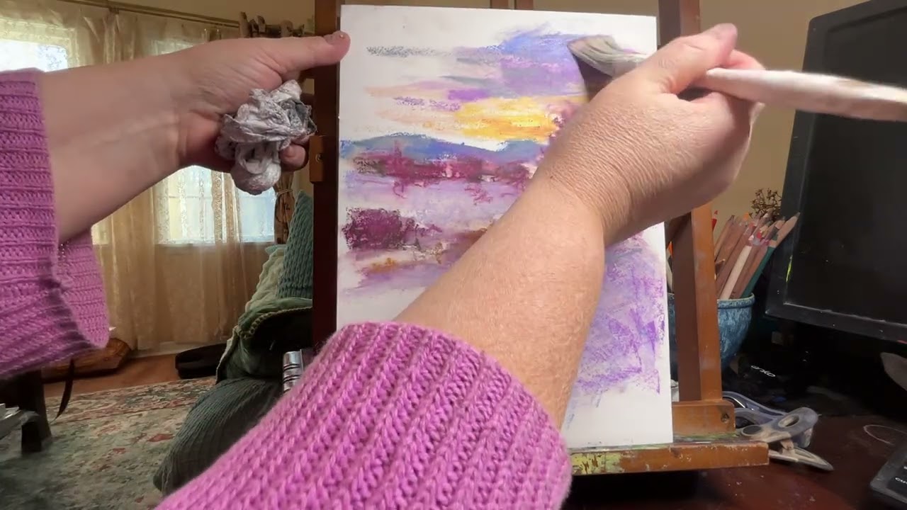 Painting a winter sunset with oil pastels