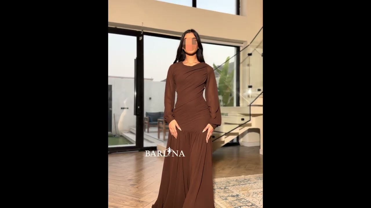 فستان بني ناعم بأكمام طويلة وطيات ناعمة - XXL