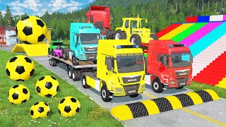 Triple Flatbed Trailer Cars Transportation with Truck - Speedbumps vs Cars vs Train - BeamNG #26