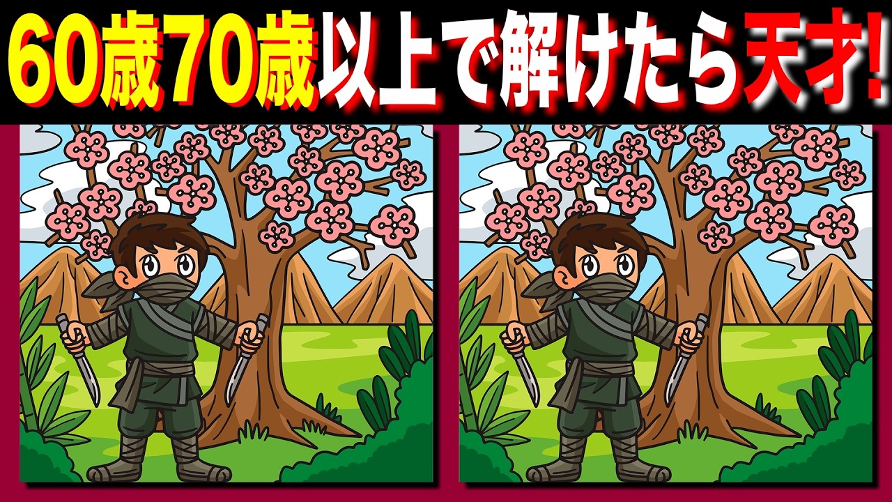 【脳トレ間違い探し】60歳70歳以上高齢者向けクイズの動画で頭の体操 | 忍者のイラストが含まれています【脳トレ】