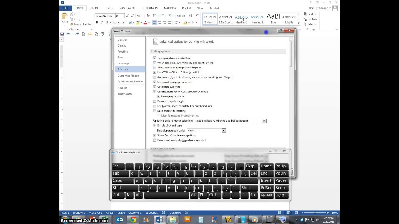 Insert mode vs Overtype mode Office 2013