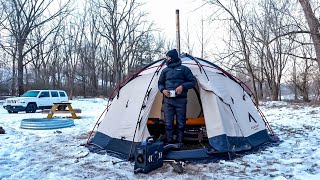 Hot Tent Camping In A 6 Person Dome + Cooking Steaks !!
