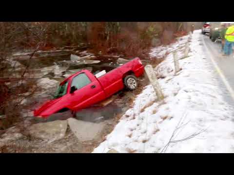 02-02-2021 Halifax, MA  - Aerial & Ground Video - Pickup Truck Plunges Into Icey River