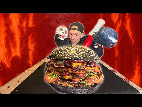 I'm attempting the dreaded HALLOWEEN BLACK BURGER BBQ CHALLENGE 🍔💀 XXL BUN MONSTER!