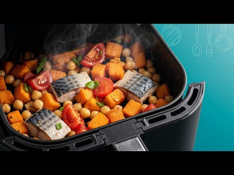 One-Pan Air Fryer Sweet Potato, Mackerel, Chickpea Sheet Pan Dinner