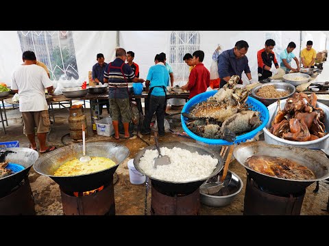 Chef preparing food for 400 people, Cambodian wedding food cooking