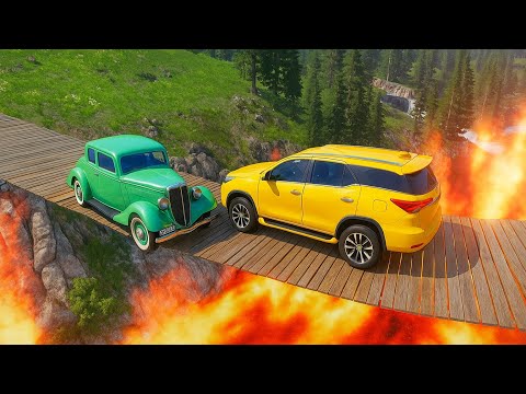 Cars vs  Suspension Bridge Over the Lava River in BeamNG.drive