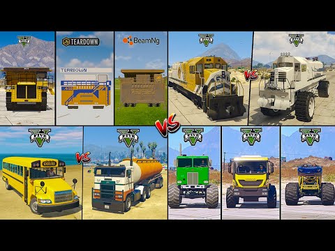 GIANT DUMP TRUCK VS TRAIN VS BUS VS MONSTER TRUCK IN GTA 5 VS TEARDOWN VS BEAM-NG -WHICH IS BEST ?