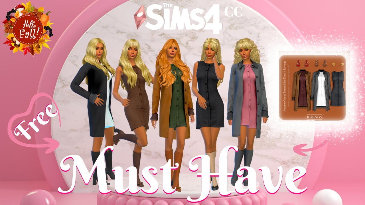 The Sims 4 CC Review 🍂 RIMINGS 🍂 Autumn Coat & Button Mini Dress & Earring by RIMINGS🍂 Fall by Pinki
