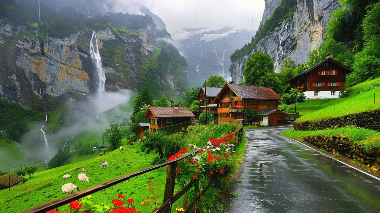 Switzerland’s Paradise: Rainy Day in Heavenly Beautiful Swiss Villages Countryside