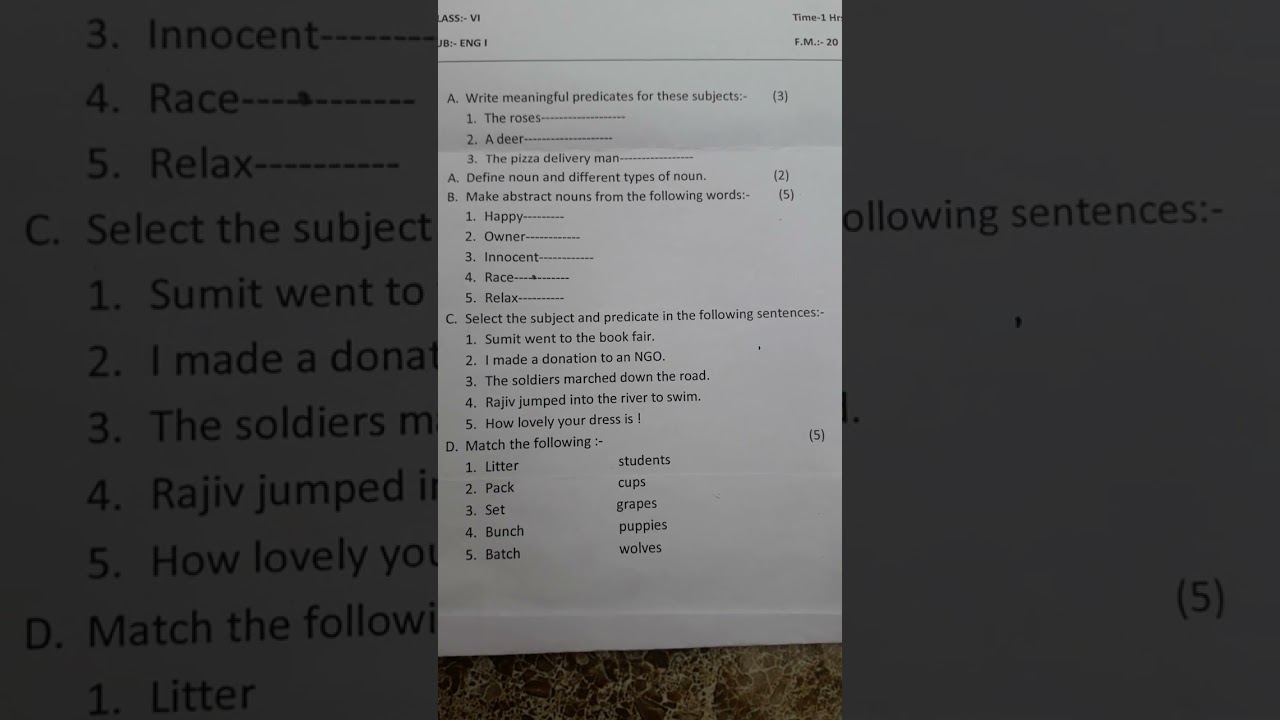 English grammar //class -6 /question paper