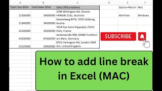 How to add line break inside a cell in Excel (MAC)