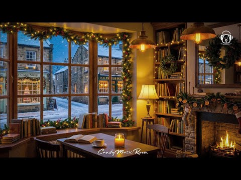 Cozy English Bookshop Café Ambience & Jazz☕📚 | Fireplace, Snowy Night & Christmas Coffee Shop ASMR