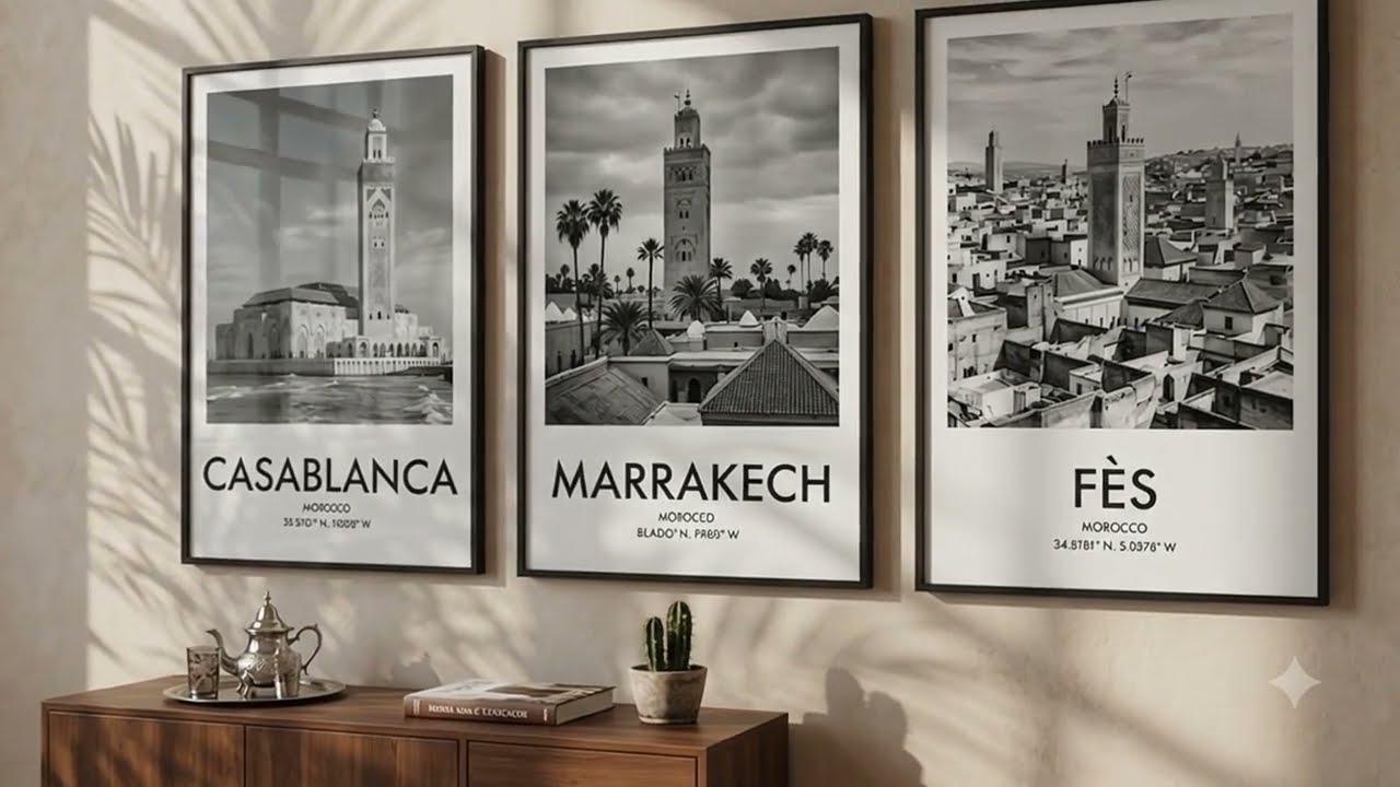 Vidéo | Triptyque Affiches villes du Maroc Noir et Blanc : Casablanca, Marrakech, Fès | Tableau Décoratif architecture & monument A935-B