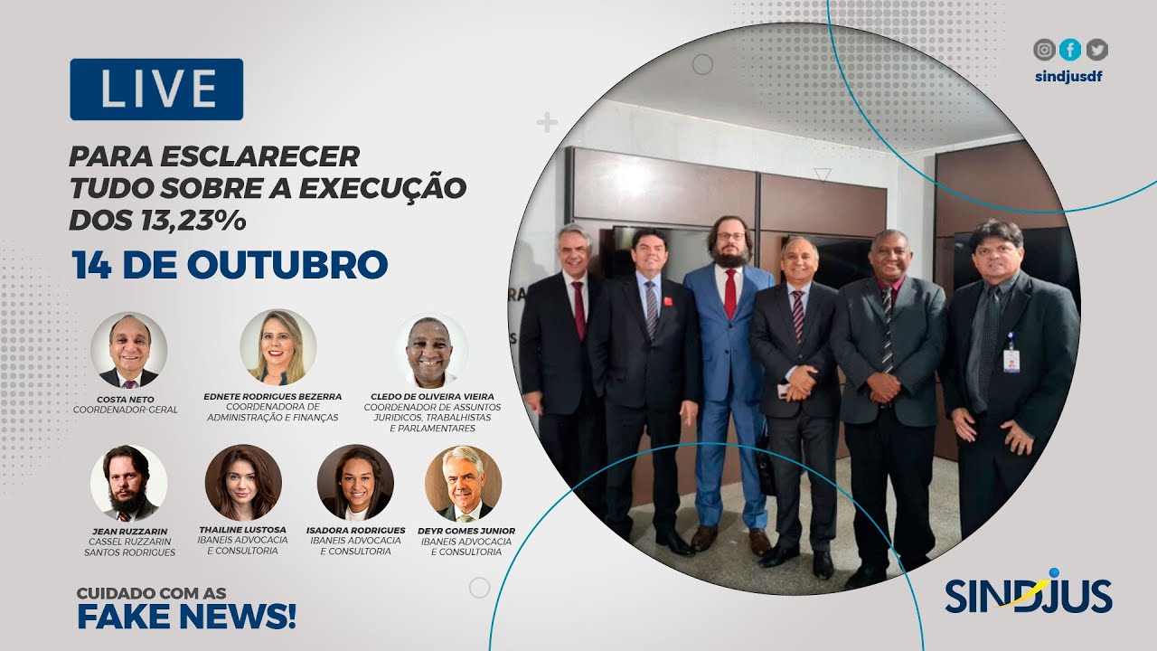 Live ‘tira-dúvidas’ sobre os 13,23% - Sindjus DF