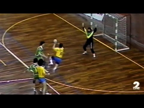 Gol de Pombar desde los 6 metros. Liga ASOBAL 1990/91. Cajamdrid-Bidasoa. 2F J9. Alcalá de Henares.