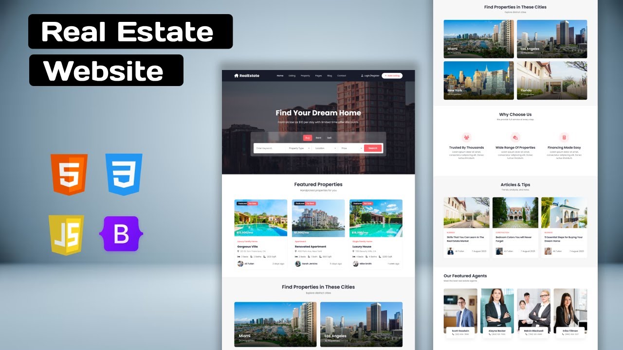 Property Website Design Using HTML CSS JavaScript & Bootstrap | Responsive Real Estate Website