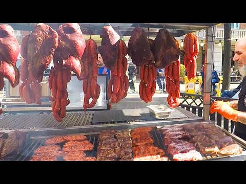 Irish Street Food. Huge Blocks of Angus & XXL Sausages Roasted on Grill
