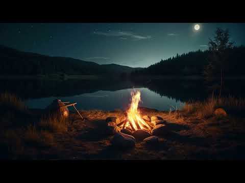 Night time cozy moments bonfire by the lake