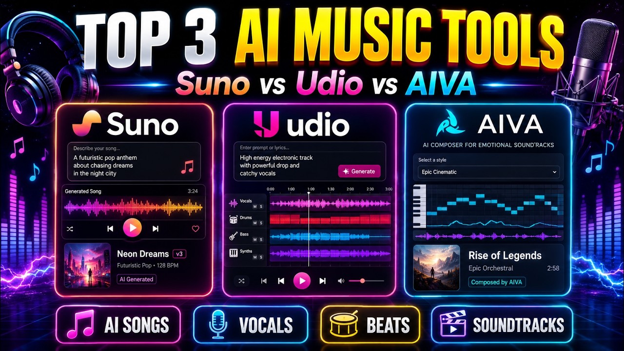 Top 3 AI Music Tools: Suno vs Udio vs AIVA video thumbnail