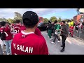 Mohamed Salah gets held up by fans in his car whilst trying to make his way out of Anfield