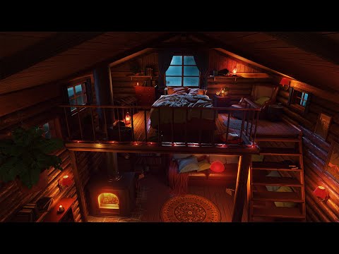 Cozy Cabin at Night with Rain Sounds and Crackling Fireplace for Sleep, Study and Relax