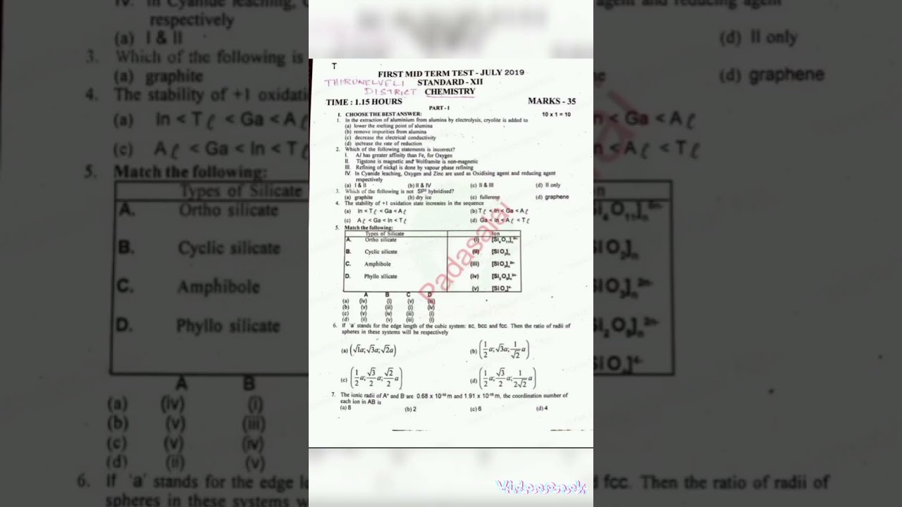 12th Chemistry - First Mid Term Exam Original Question Paper 2019-2020 ( Thirunelveli District )