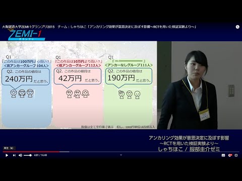 大阪経済大学ZEMI-1グランプリ2015　チーム：しゃちほこ「アンカリング効果が意思決定に及ぼす影響～RCTを用いた検証実験より～」