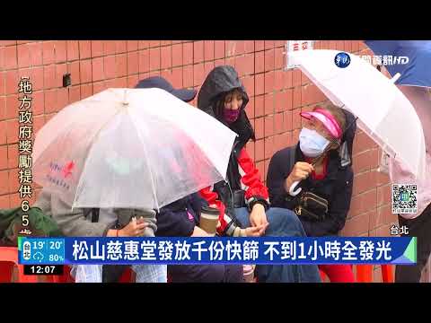 松山慈惠堂發免費快篩劑 民眾排隊冒雨領取