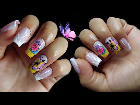 Uñas decoradas flor y mariposa🌸🦋/diseño de uñas / frances blanco y amarillo 😍.