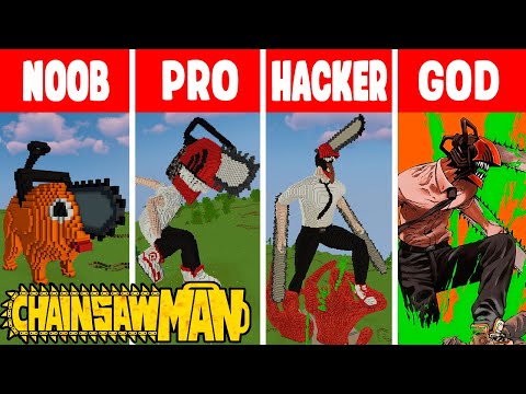 NOOB MINERS - Minecraft CHAINSAW MAN STATUE HOUSE BUILD CHALLENGE - NOOB vs PRO vs HACKER vs GOD / Animation