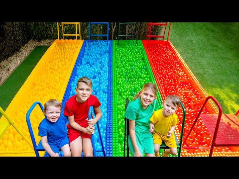 Five Kids Four Colors pools and truck with balls | Baby Alex and other videos