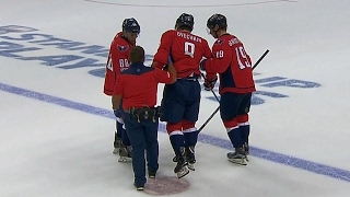 Ovechkin needs help leaving the ice after low Kadri hit Ovechkin needs help leaving the ice after low Kadri hit