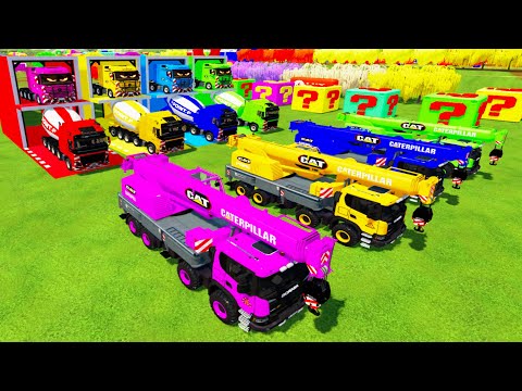 Garage With Color-ALL COLORFUL SCANIA CRANE TRUCK, VOLVO MIXER TRUCK TRANSPORTING TO COLORFUL GARAGE