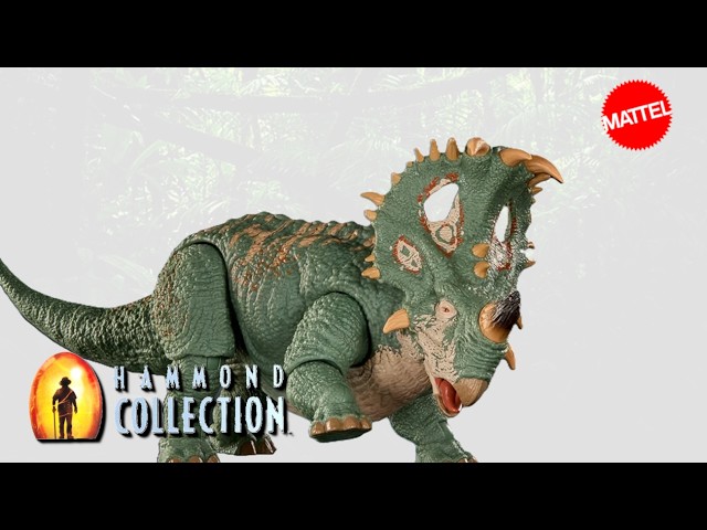 Vídeo relacionado con Mattel Jurassic World Colección Hammond Sinoceratops, Figura de acción articulada de Primera Calidad y Gran tamaño, Cola articulada, JKG88