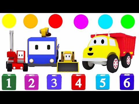 Lerne Formen, Zahlen Farben mit den kleinen Trucks: Planierraupe, Kran, Bagger