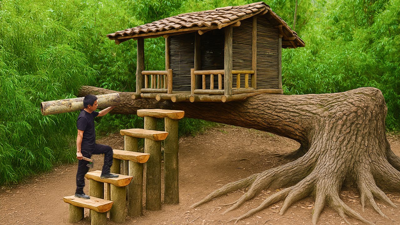 I Built a Bushcraft Survival House on a Giant Fallen Tree Trunk