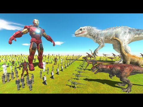 Modern Weapon Team vs Dinosaurs | Iron Man or Indominus Rex - Animal Revolt Battle Simulator